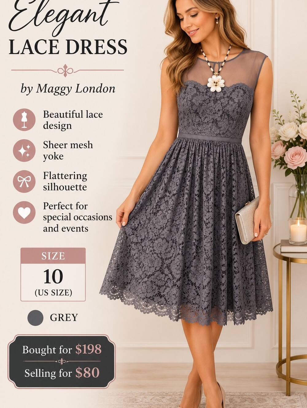 Maggy London Grey Lace Fit-and-Flare Mini Dress